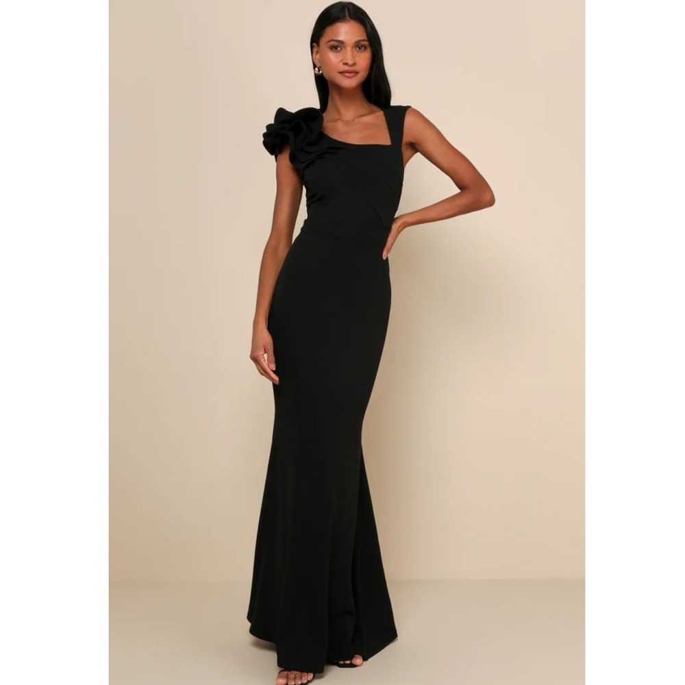 Lulus Lucette Black Sleeveless Ruffle Shoulder‎ Mermaid Maxi Dress Gown Size XL